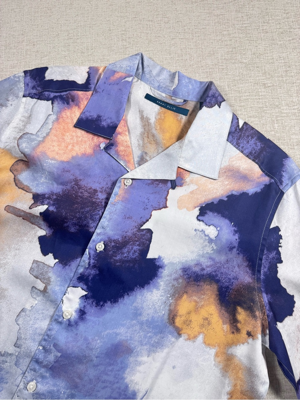 Perry Ellis Abstract Watercolor Camp Button-Down Shirt - Blue, White, Gold Med